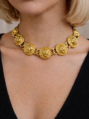 Vintage Gold Lion Head Statement Choker Necklace Runway Inspired